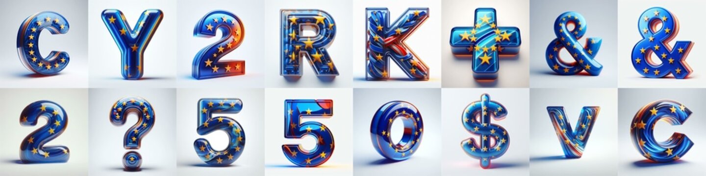 Glass letters shape in colors EU flag 3D Lettering Typeface. AI generated illustration