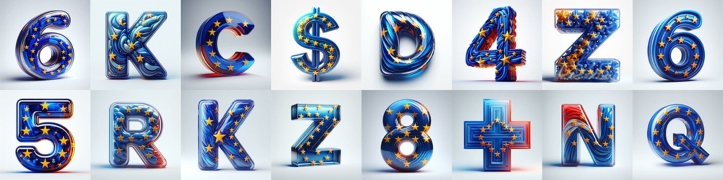Glass letters shape in colors EU flag 3D Lettering Typeface. AI generated illustration