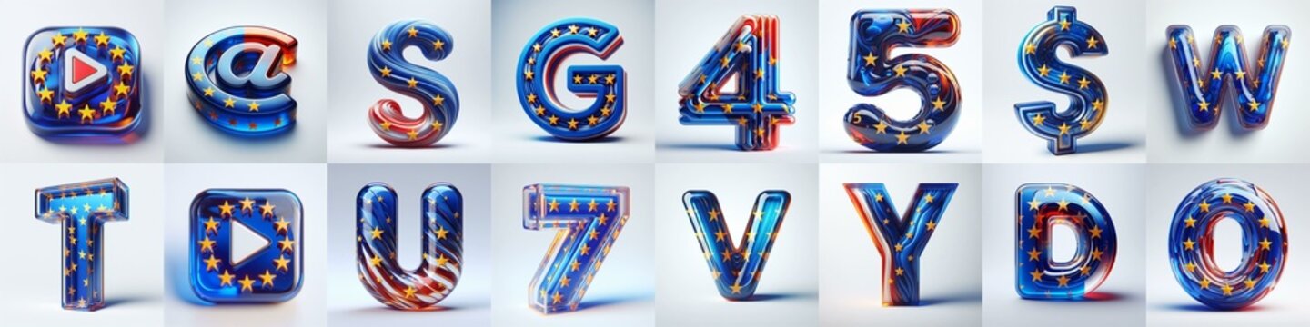 Glass letters shape in colors EU flag 3D Lettering Typeface. AI generated illustration