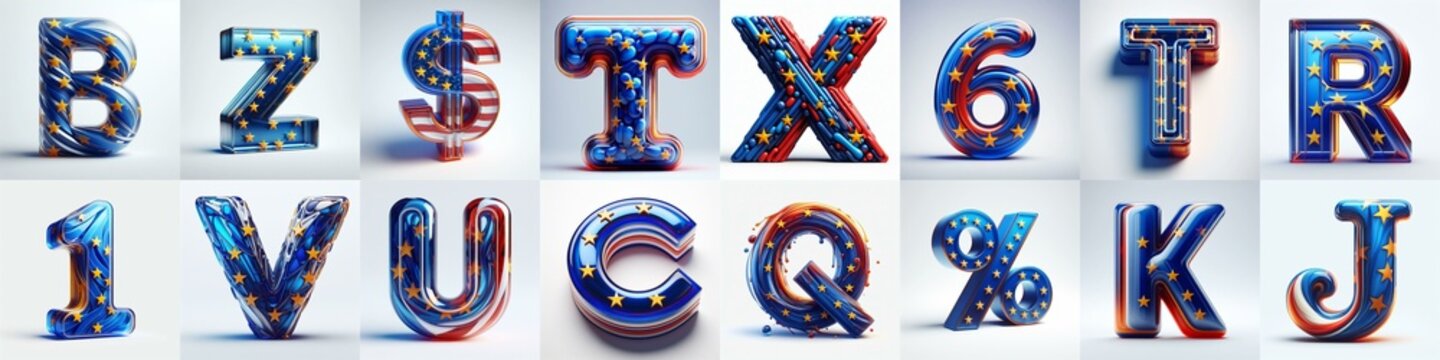 Glass letters shape in colors EU flag 3D Lettering Typeface. AI generated illustration
