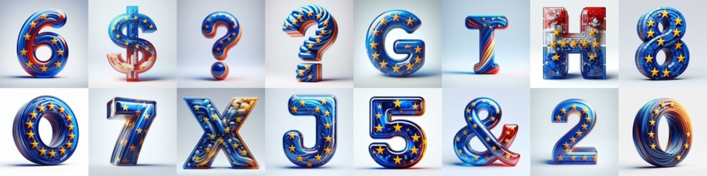Glass letters shape in colors EU flag 3D Lettering Typeface. AI generated illustration