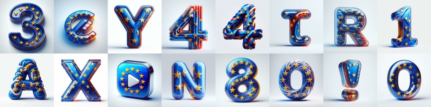 Glass letters shape in colors EU flag 3D Lettering Typeface. AI generated illustration
