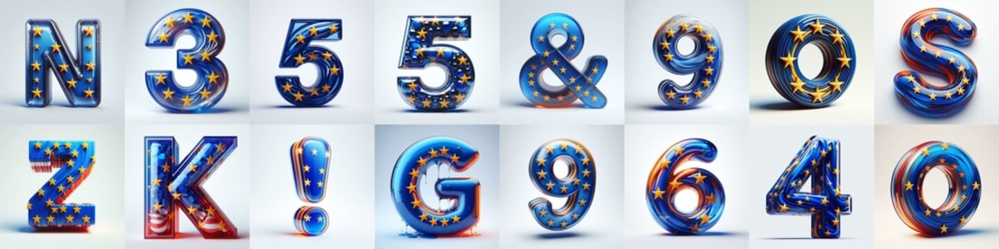 Glass letters shape in colors EU flag 3D Lettering Typeface. AI generated illustration