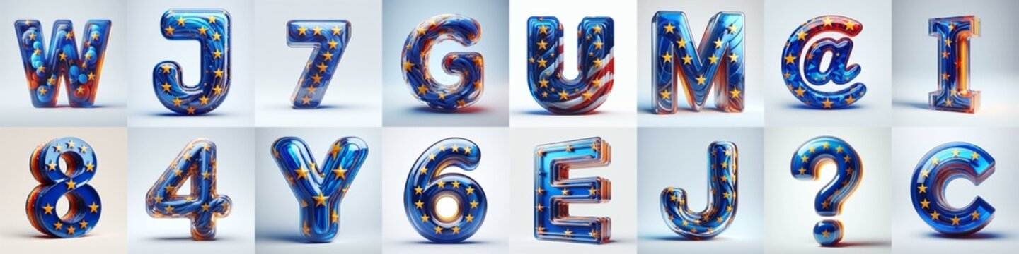 Glass letters shape in colors EU flag 3D Lettering Typeface. AI generated illustration