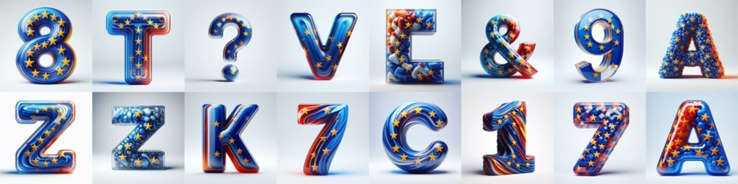 Glass letters shape in colors EU flag 3D Lettering Typeface. AI generated illustration