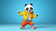 Panda wearing colorful clothes dancing on the blue background