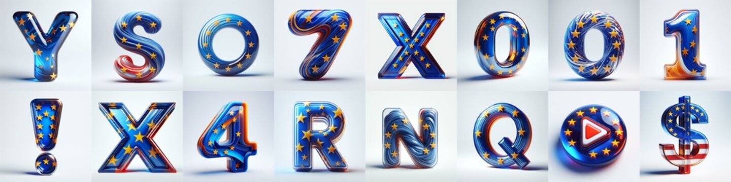 Glass letters shape in colors EU flag 3D Lettering Typeface. AI generated illustration