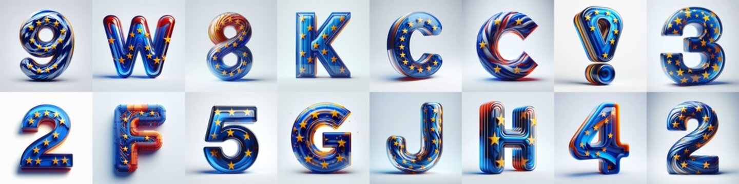 Glass letters shape in colors EU flag 3D Lettering Typeface. AI generated illustration
