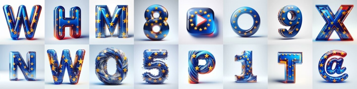 Glass letters shape in colors EU flag 3D Lettering Typeface. AI generated illustration