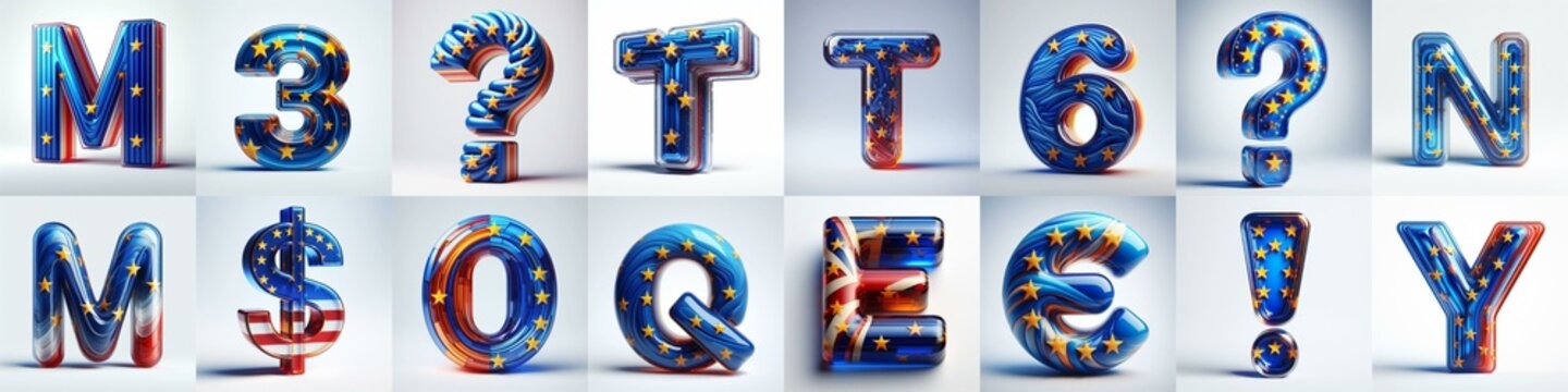 Glass letters shape in colors EU flag 3D Lettering Typeface. AI generated illustration