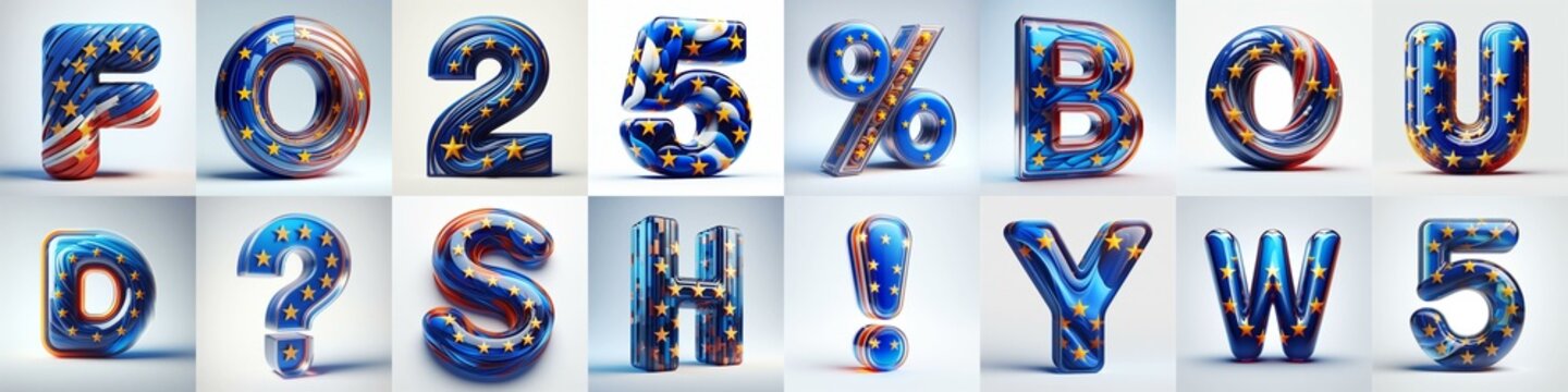 Glass letters shape in colors EU flag 3D Lettering Typeface. AI generated illustration
