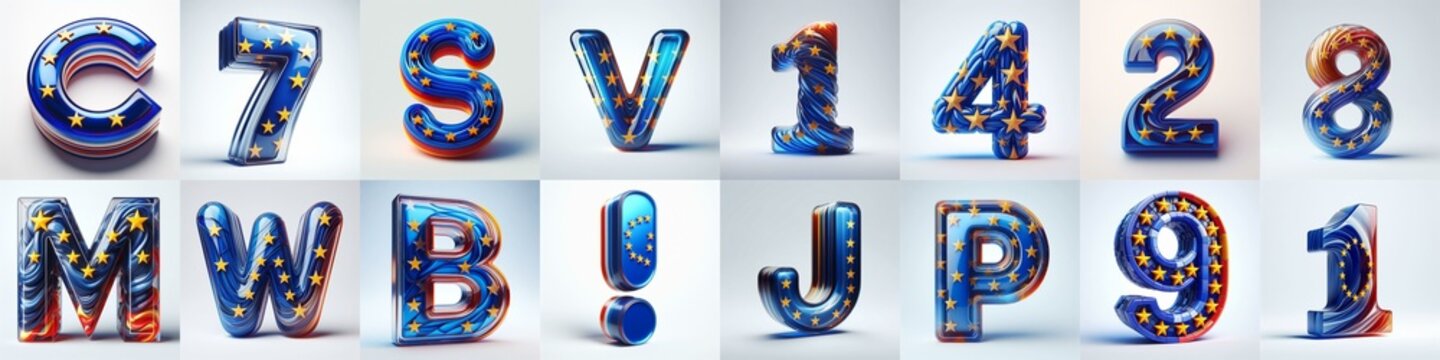 Glass letters shape in colors EU flag 3D Lettering Typeface. AI generated illustration