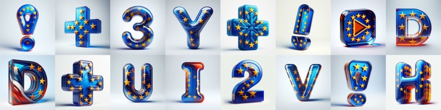 Glass letters shape in colors EU flag 3D Lettering Typeface. AI generated illustration