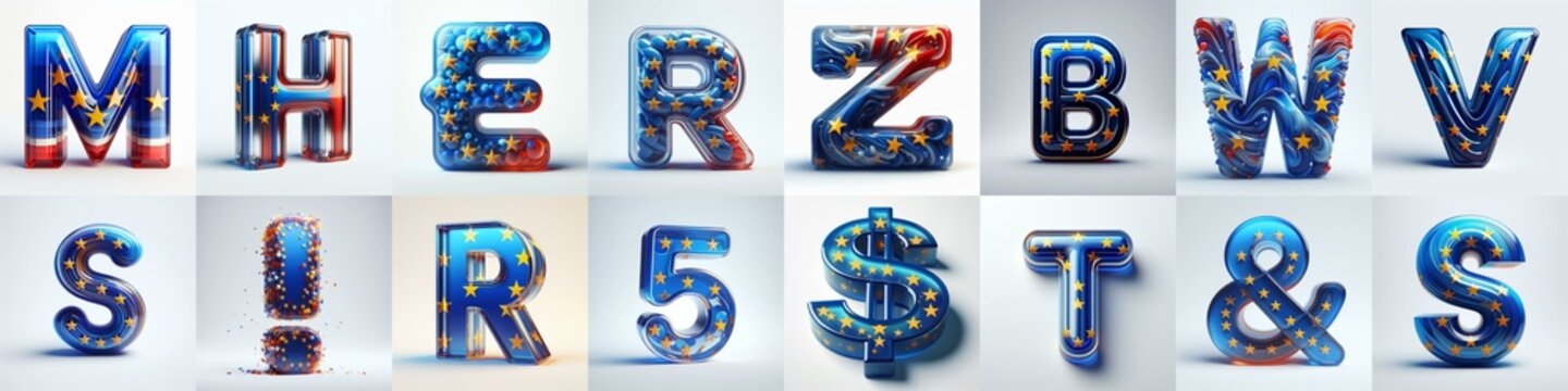 Glass letters shape in colors EU flag 3D Lettering Typeface. AI generated illustration