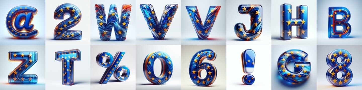 Glass letters shape in colors EU flag 3D Lettering Typeface. AI generated illustration
