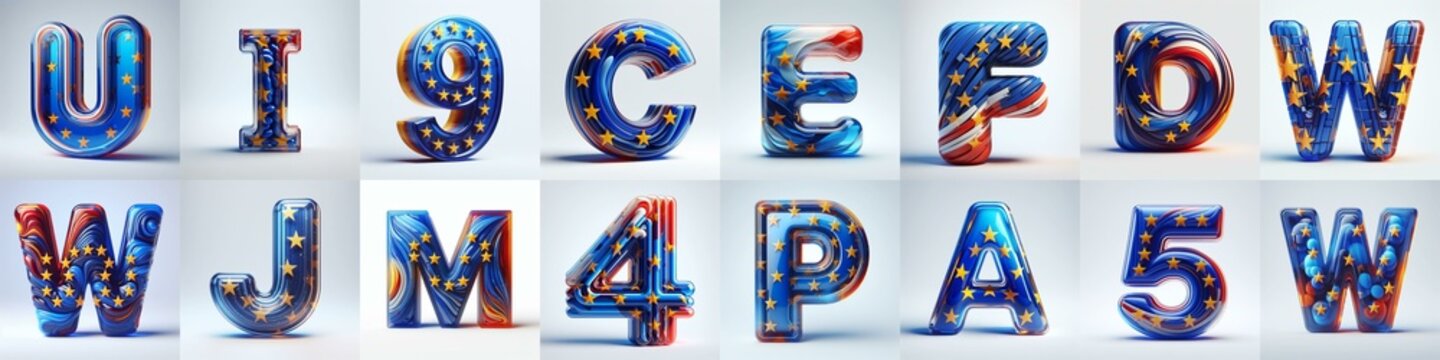 Glass letters shape in colors EU flag 3D Lettering Typeface. AI generated illustration