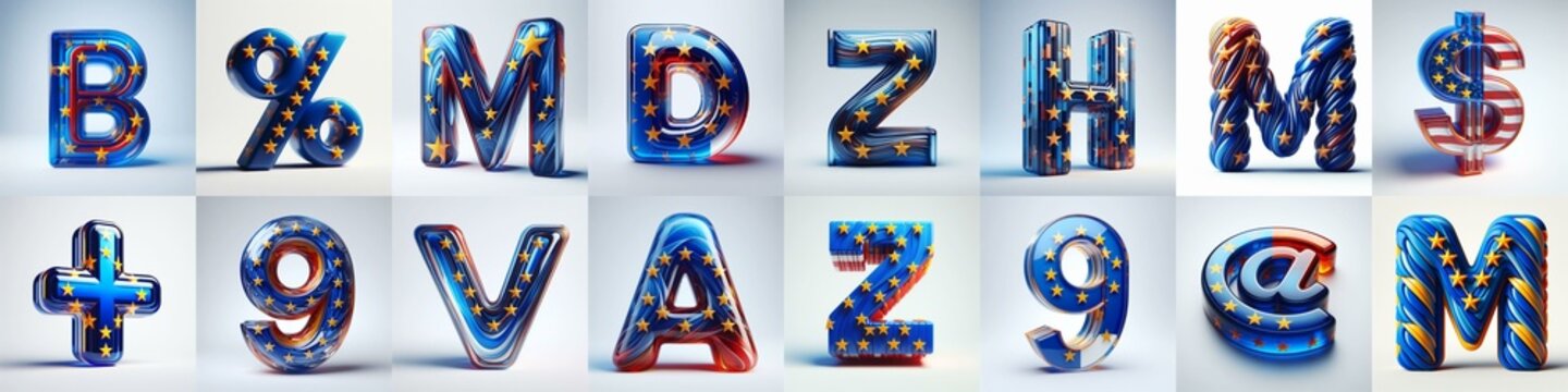 Glass letters shape in colors EU flag 3D Lettering Typeface. AI generated illustration
