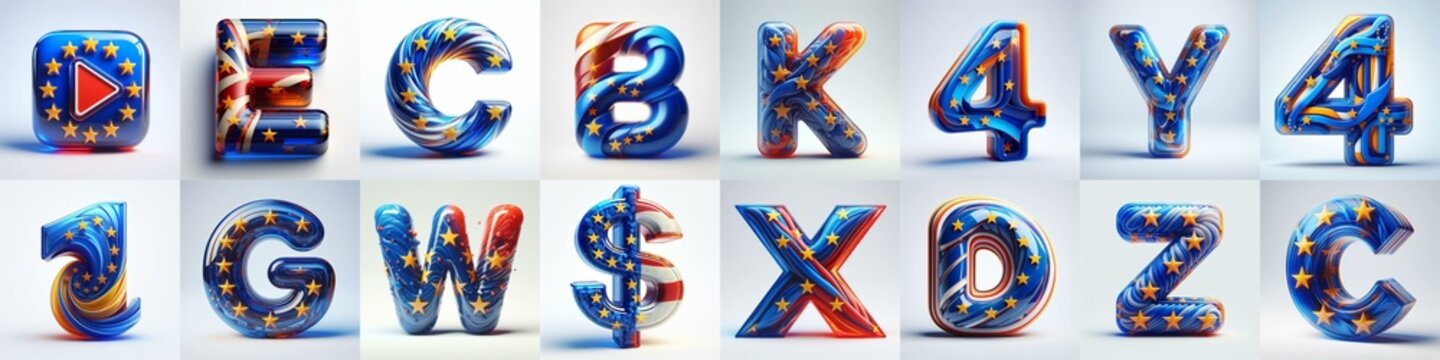 Glass letters shape in colors EU flag 3D Lettering Typeface. AI generated illustration