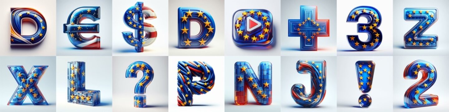 Glass letters shape in colors EU flag 3D Lettering Typeface. AI generated illustration