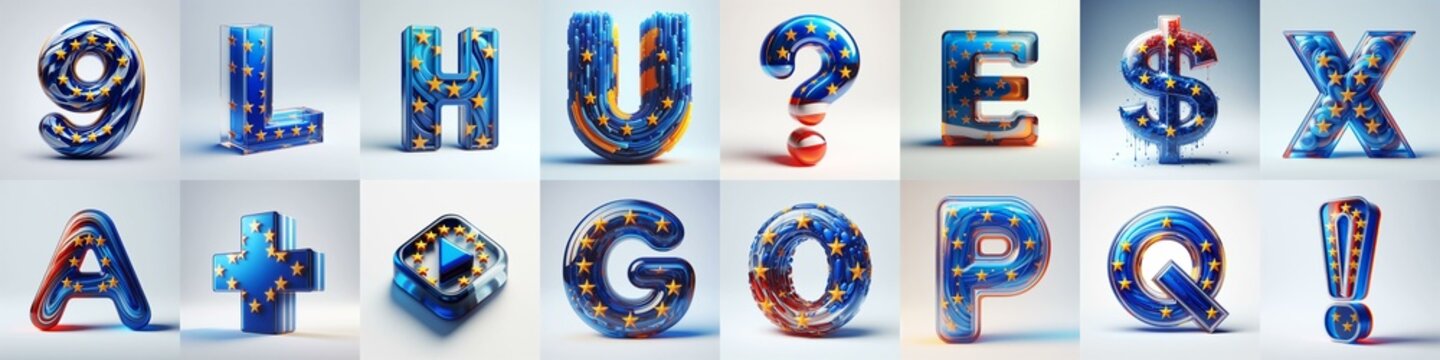 Glass letters shape in colors EU flag 3D Lettering Typeface. AI generated illustration