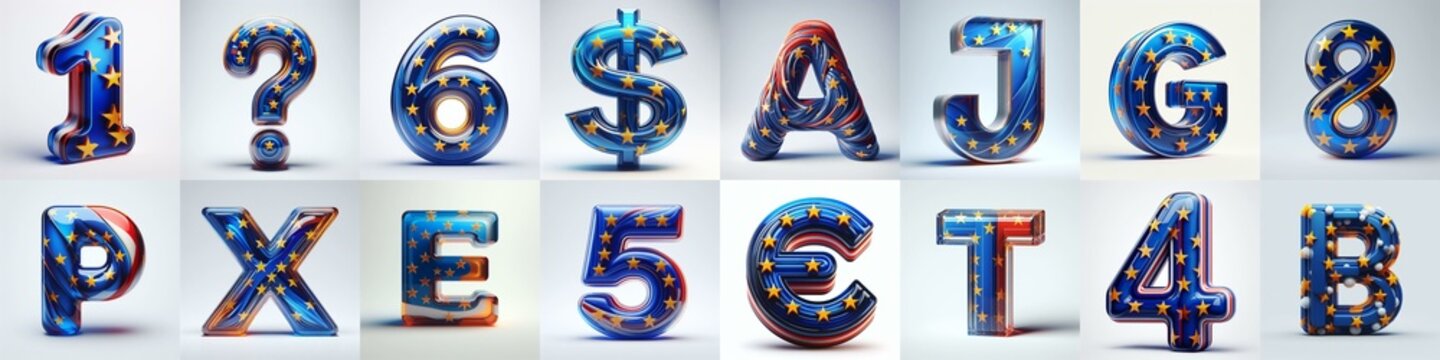 Glass letters shape in colors EU flag 3D Lettering Typeface. AI generated illustration