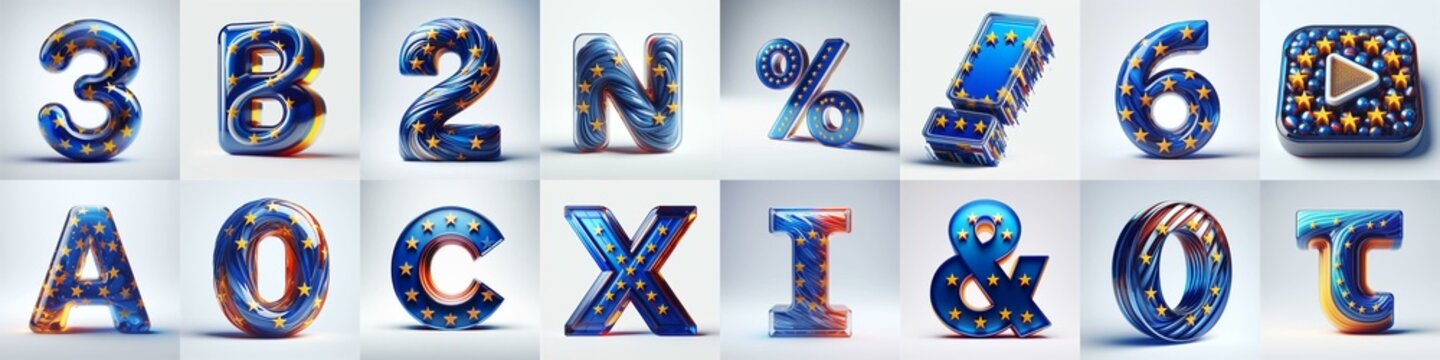 Glass letters shape in colors EU flag 3D Lettering Typeface. AI generated illustration