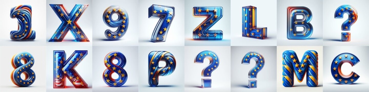 Glass letters shape in colors EU flag 3D Lettering Typeface. AI generated illustration