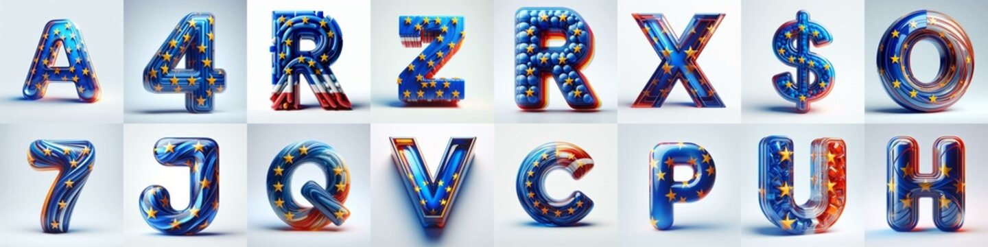 Glass letters shape in colors EU flag 3D Lettering Typeface. AI generated illustration