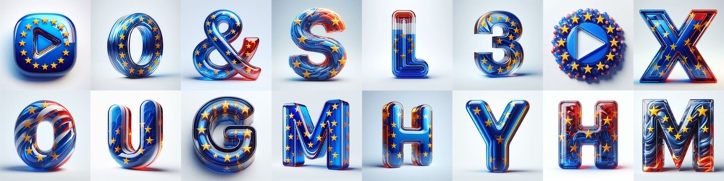 Glass letters shape in colors EU flag 3D Lettering Typeface. AI generated illustration