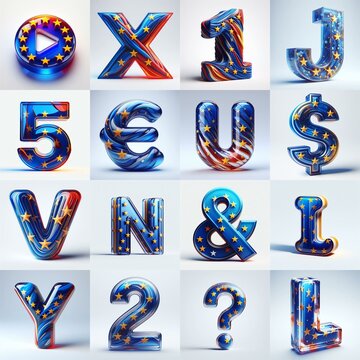 Glass letters shape in colors EU flag 3D Lettering Typeface. AI generated illustration