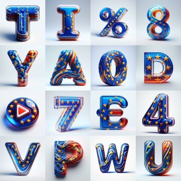 Glass letters shape in colors EU flag 3D Lettering Typeface. AI generated illustration