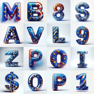 Glass letters shape in colors EU flag 3D Lettering Typeface. AI generated illustration