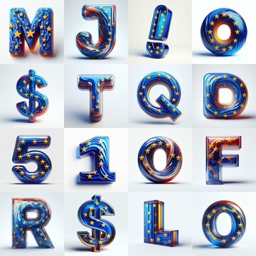 Glass letters shape in colors EU flag 3D Lettering Typeface. AI generated illustration