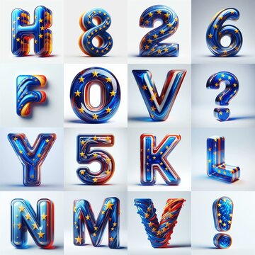 Glass letters shape in colors EU flag 3D Lettering Typeface. AI generated illustration