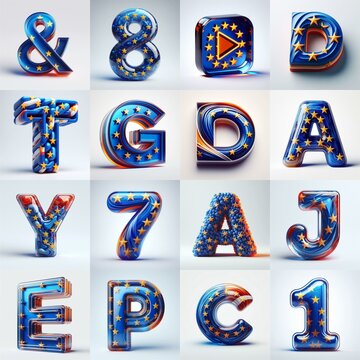 Glass letters shape in colors EU flag 3D Lettering Typeface. AI generated illustration