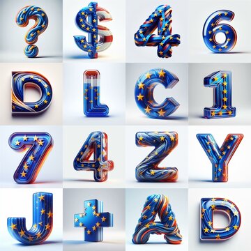 Glass letters shape in colors EU flag 3D Lettering Typeface. AI generated illustration