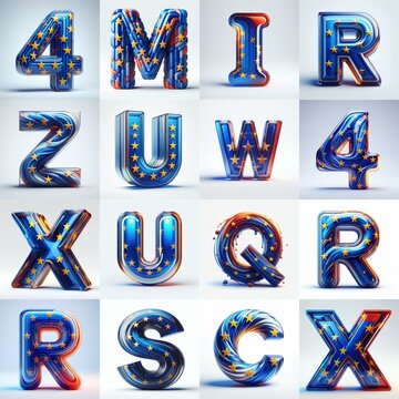 Glass letters shape in colors EU flag 3D Lettering Typeface. AI generated illustration