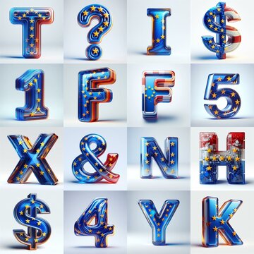 Glass letters shape in colors EU flag 3D Lettering Typeface. AI generated illustration