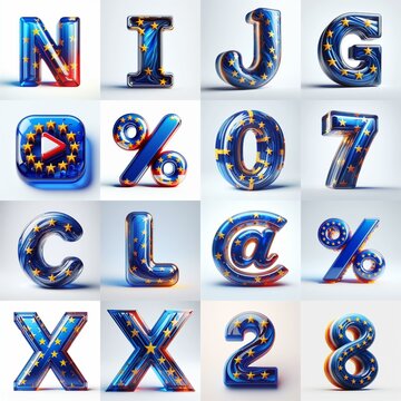 Glass letters shape in colors EU flag 3D Lettering Typeface. AI generated illustration