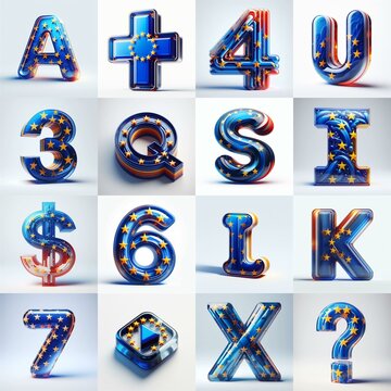 Glass letters shape in colors EU flag 3D Lettering Typeface. AI generated illustration