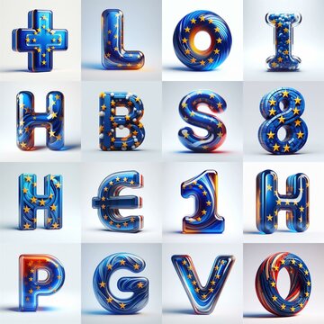 Glass letters shape in colors EU flag 3D Lettering Typeface. AI generated illustration