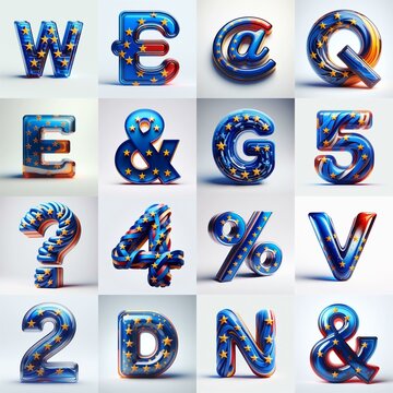 Glass letters shape in colors EU flag 3D Lettering Typeface. AI generated illustration