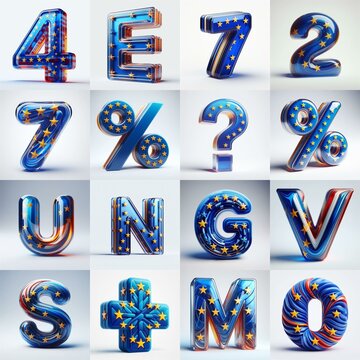 Glass letters shape in colors EU flag 3D Lettering Typeface. AI generated illustration