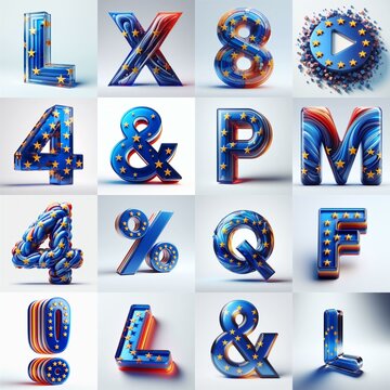 Glass letters shape in colors EU flag 3D Lettering Typeface. AI generated illustration
