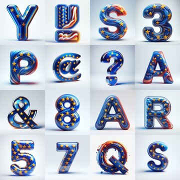 Glass letters shape in colors EU flag 3D Lettering Typeface. AI generated illustration