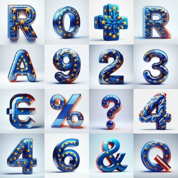 Glass letters shape in colors EU flag 3D Lettering Typeface. AI generated illustration