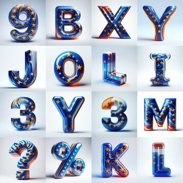 Glass letters shape in colors EU flag 3D Lettering Typeface. AI generated illustration