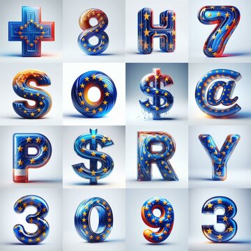 Glass letters shape in colors EU flag 3D Lettering Typeface. AI generated illustration