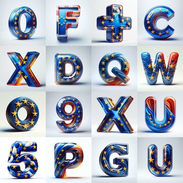 Glass letters shape in colors EU flag 3D Lettering Typeface. AI generated illustration