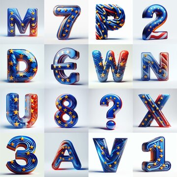 Glass letters shape in colors EU flag 3D Lettering Typeface. AI generated illustration